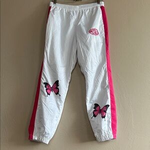 Petals And Peacocks White Pink Track Women’s Pants With Butterfly Design Medium.